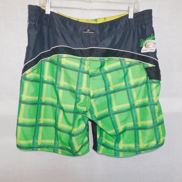 Point Zero Mens L Black Green Yellow plaid Lined Board Shorts Swim Trunks - Picture 11 of 11